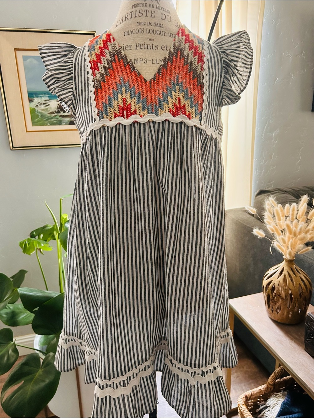 THML Striped Flutter-Sleeve Dress with Colorful Embroidered Yoke